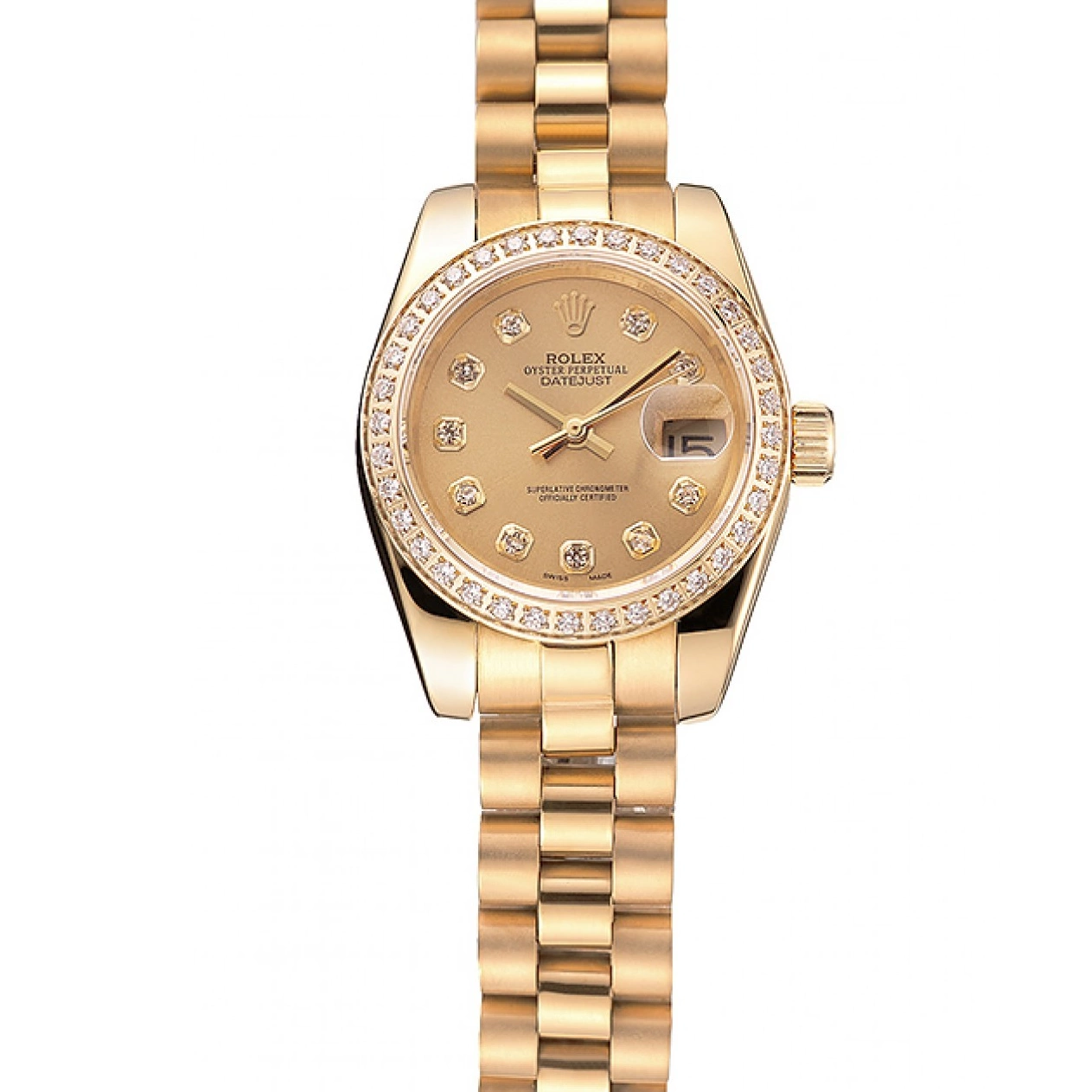 Aaa fake watches Gold Bezel Swiss Rolex Bracelet 1454095 Diamond Dial Lady-Datejust Champagne 0801